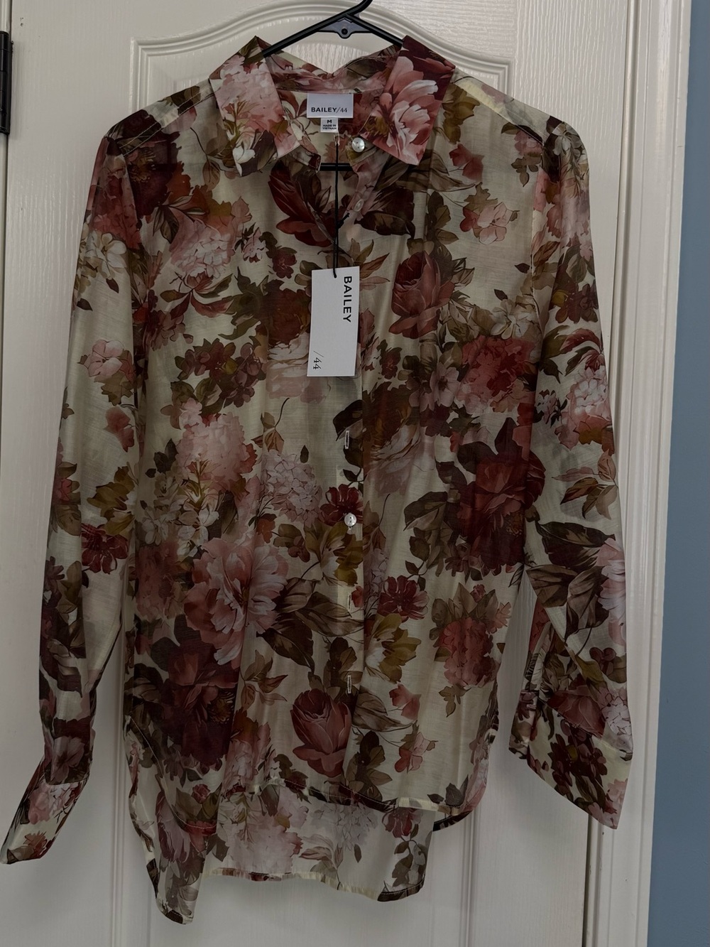 Bailey 44 Sheer Floral Button-Up Blouse in Beige, Rose and Brown